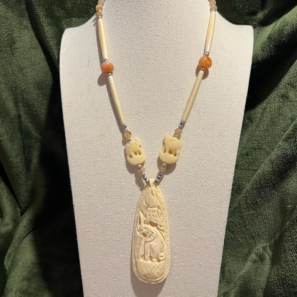 Elegant Vintage Carved Bone Elephant Pendant Necklace